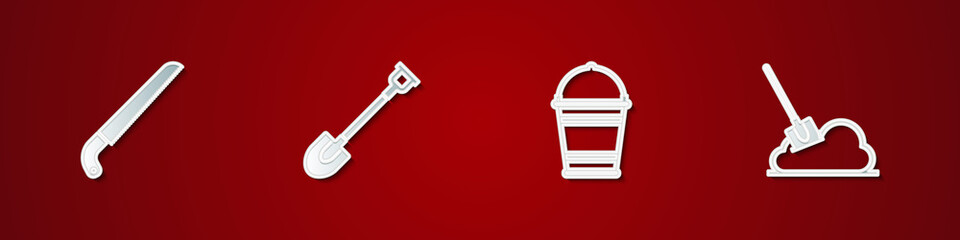 Set Garden saw, shovel, Bucket and Shovel in the ground icon. Vector.