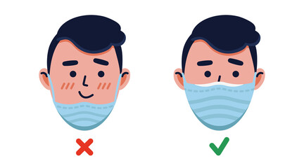 vector illustration, set of cartoon men, the rule of wearing a medical mask, coronavirus, how not to wear a mask
