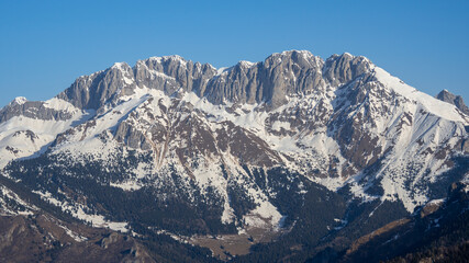 Fototapeta premium Presolana is a famous mountain range of the Italian Alps. Wonderful landscape in winter time with snow. Orobie mountains. Italy. Alpine landscape