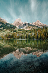 Amazing calm water reflections of the Rocky Mountain snowy mountain peaks on a clear summer day at Taggart Lake in Grand Teton National Park, Wyoming, USA.