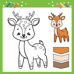 Coloring page a cute deer. Kids activity game. Drawing cartoon animals character. Children worksheet. Vector illustration.