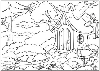 Outline drawing of cartoon house on tree. Coloring page. Kids worksheet with forest landscape. Vector illustration.
