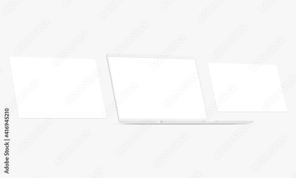Poster clay laptop with blank screen and blank web pages. mockup for web-design or showing screenshots. vec