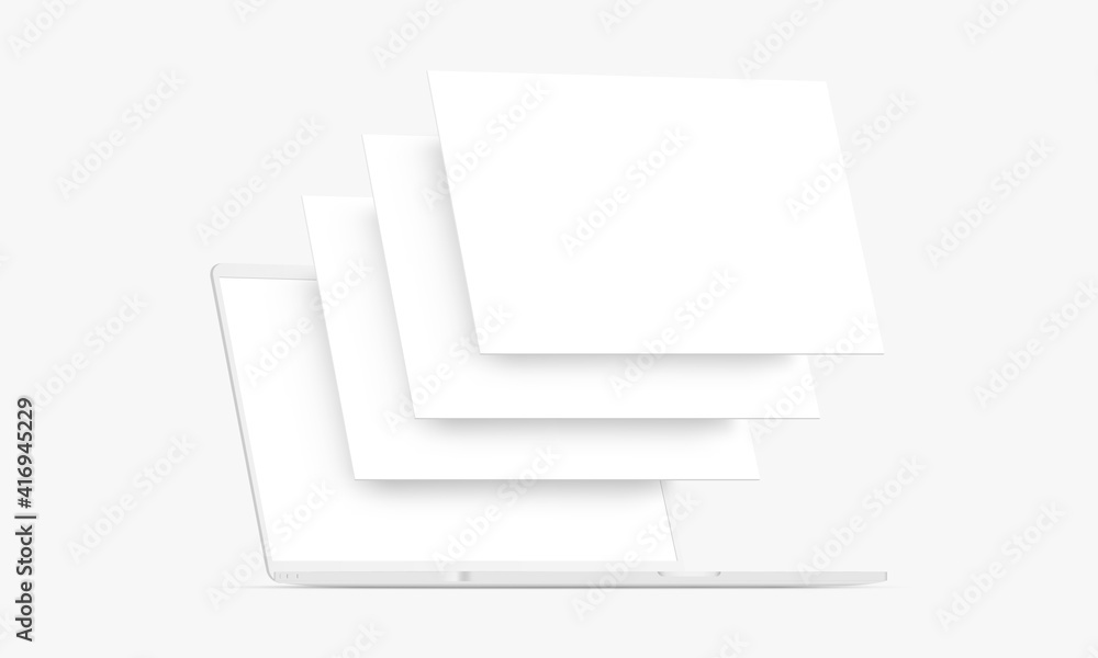 Poster clay laptop computer mockup with blank wireframing pages. concept for showcasing web-design projects