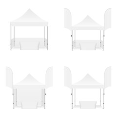 Set of Outdoor Tents with Flags and Tables Isolated on White Background. Vector Illustration