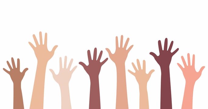 Multi-ethnic and Diverse Hands Raised Up, Animation Isolated on White Background