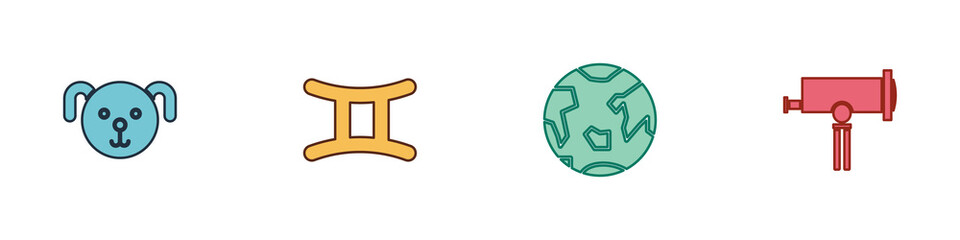 Set Dog zodiac, Gemini, Planet Earth and Telescope icon. Vector.