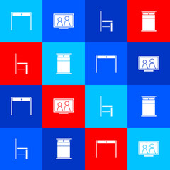 Set Wooden table, Picture frame on, Chair and Big bed icon. Vector.