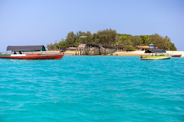 Indian Ocean coast in Zanzibar. Sunny day in a tropical location. Turtle Island or Prison Island in Tanzania.