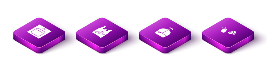 Set Isometric Battery in pack, Dead bird, plastic, Bottle of liquid soap and Problem pollution the ocean icon. Vector.