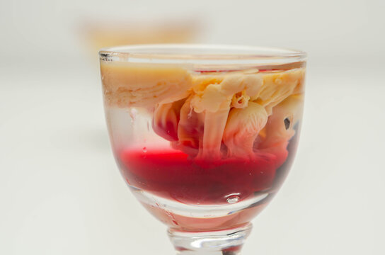 Interesting drink shot based on cream, liqueur and grenadine called Brain Hemorrhage prepared for Halloween party