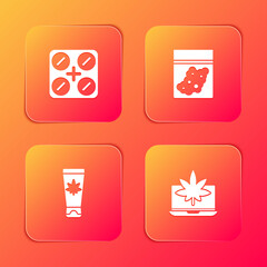 Set Medical pills with marijuana, Plastic bag of cannabis, cream and Laptop and or icon. Vector.