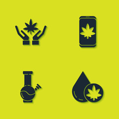 Set Marijuana or cannabis leaf, olive oil, Glass bong for smoking marijuana and Mobile and icon. Vector.