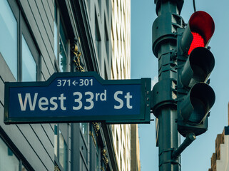 Street sign of West 33St with skylines in background.- New York, USA
