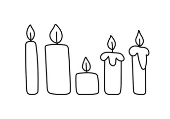 scribbles with candles of different shapes. Linear vector illustration. hand-drawn symbols and style objects . simple, black drawing for sticker, decor, postcard, badge, coloring book, logo