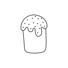 Easter doodle, festive cake with icing and sprinkling, linear vector illustration. hand drawn style symbols and objects, simple, black drawing for sticker, decor, postcard, icon, coloring page, logo, 