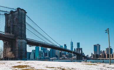 View from the pedestrian walkway of the Brooklyn Bridge. The Brooklyn Bridge is connects the boroughs of Manhattan and Brooklyn and is one of the biggest suspension bridge in the world.