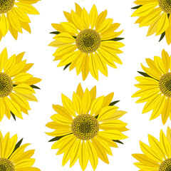 Yellow sunflowers on a white background. Retro seamless background with sunflowers. For fabric, wrapping paper, cover.