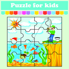 A puzzle game for children. joke about a fisherman. Education worksheet. Color activity page. Riddle for preschoolers. Isolated vector illustrations. Cartoon style.