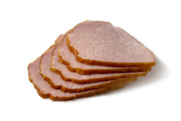 Appetizing baked sliced meat isolated on white background close-up