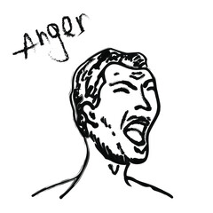 Emotion of anger, screaming man with the inscription, copyspace. Illustration for books about psychology, expression of human emotions. Vector stock image on white background.