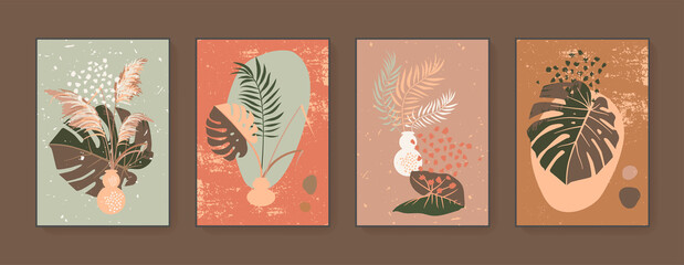 Vector botanical wall art set. Abstract vases and plants home decor prints. Ink brush strokes. Mid Century Modern aesthetics. Gentle muted neutral warm colors. Contemporary design elements collection