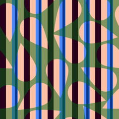 Seamless pattern of abstract elements and stripes for textiles.
