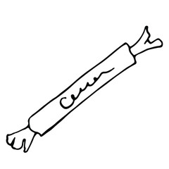 Oblong candy, wrapped with the inscription, delicious sweets for sale. A simple drawing on a white background. For the design of packages of sweets, cards, children's books, coloring books.