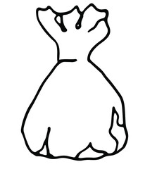 A candy in a wrapper in the shape of a bag, supposedly for chocolates, pralines, truffles. Hand drawn by black pen on white, vector isolated. For the design of packages of sweets, coloring books.