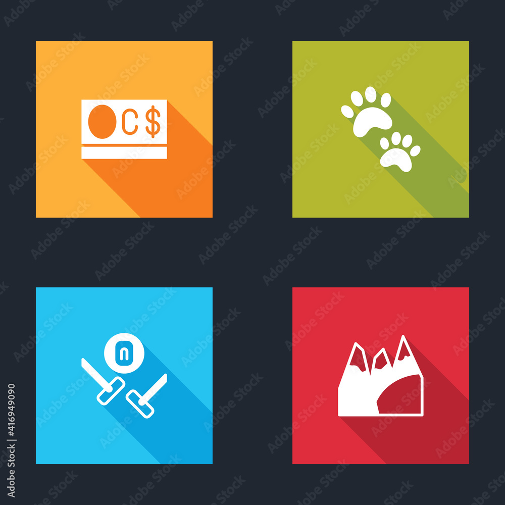 Sticker Set Canadian dollar, Paw print, Curling sport game and Mountains icon. Vector.