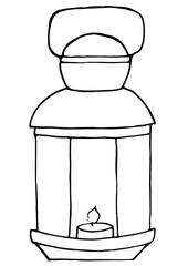 Simple faceted lantern with a candle and a pen. Magic lamp from children's fairy tales, design element for lightening. Hand drawn by black pen on white background, isolated vector stock image. 