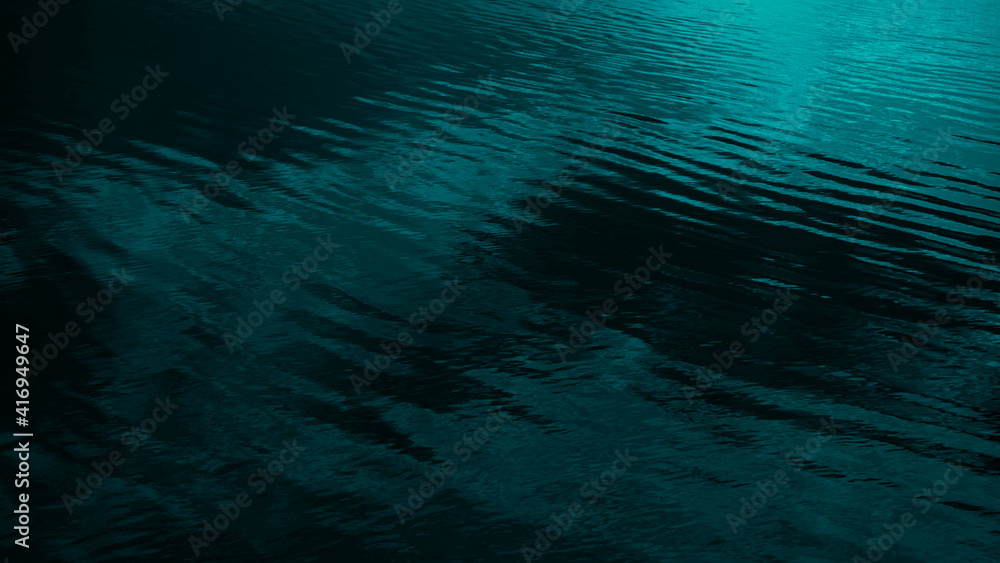 Wall mural dark blue green abstract background. reflection of light on a smooth surface of water with small wav