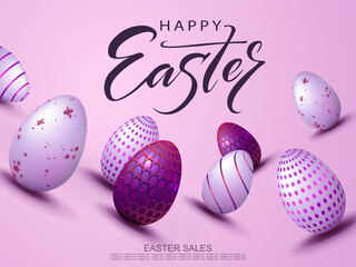 Easter light design with a purple gradient, eggs with a beautiful pattern drawn obliquely