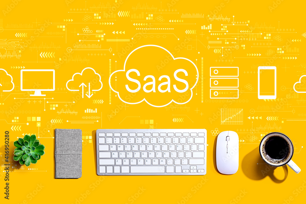 Poster saas - software as a service concept with a computer keyboard and a mouse