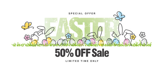 Special offer Easter Sale 50 percent off handwritten line design colorful Easter banny egg hunt in grass spring white background