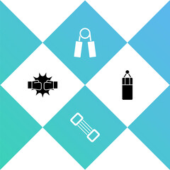 Set Punch in boxing gloves, Chest expander, Sport and Punching bag icon. Vector.