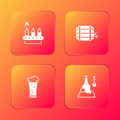 Set Conveyor band, beer, Wooden barrel rack, Glass of and Cold bottle icon. Vector.