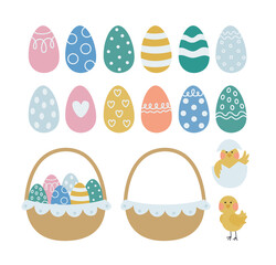 Happy Easter. A collection of vector illustrations with colored eggs in a basket and chicks. Cute holiday design for sticker, postcard, decor in delicate colors