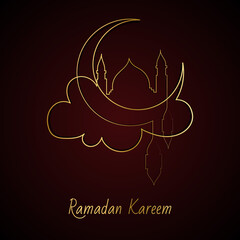 Vector Illustration of Golden Ramadan Kareem Line Art Drawing. Good for Greeting Card, Cover, Poster, Banner, Invitation, and others.