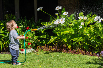 Kid watering the garden with a hose