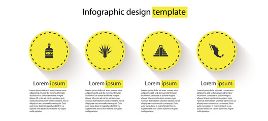 Set Tequila bottle, Agave, Chichen Itza in Mayan and Map of mexican. Business infographic template. Vector.