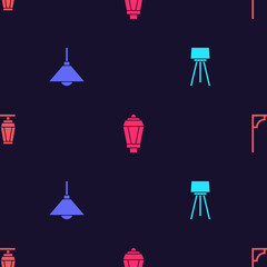 Set Floor lamp, Lamp hanging, Garden light and Vintage street on seamless pattern. Vector.