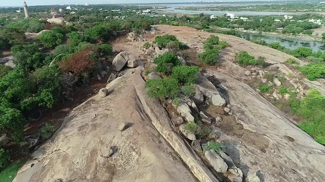 An aerial shot of the Krishna's Butter Ball, Mahabalipuram, Tamilnadu, India
