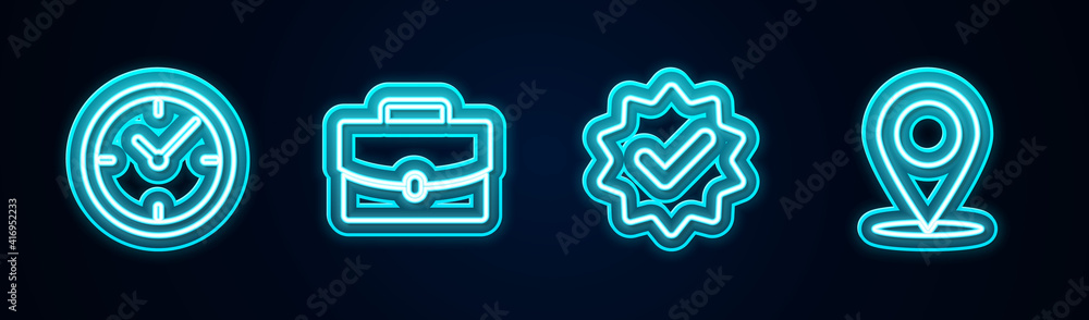 Poster set line clock, briefcase, approved and check mark and map pin. glowing neon icon. vector.