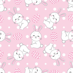 Obraz na płótnie Canvas Seamless pattern with daisy garden and rabbits on pink background vector illustration.