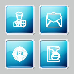 Set line User protection, Mail and e-mail, Head hunting and Coffee machine with pot icon. Vector.