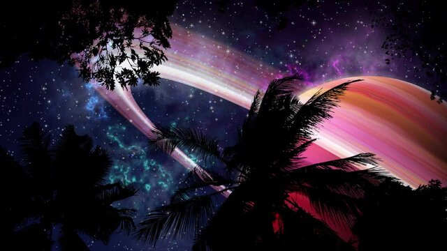 Storm Palms Under Stars Sky -Silhouettes of palm trees fluttering from the wind, against the backdrop of a night sky with a myriad of sparkling stars and the large mother planet of the gas giant.