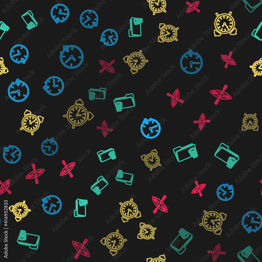 Poster set line clock 24 hours, delete folder, alarm clock and kayak and paddle on seamless pattern. vector