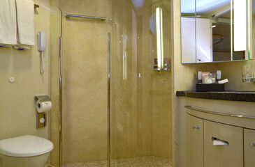 Wellness spa oasis bathroom inside luxury suite cabin stateroom with sink, mirror, bathtub, shower...