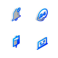 Set Isometric line Telephone 24 hours support, Bell, IV bag and Dead laptop icon. Vector.